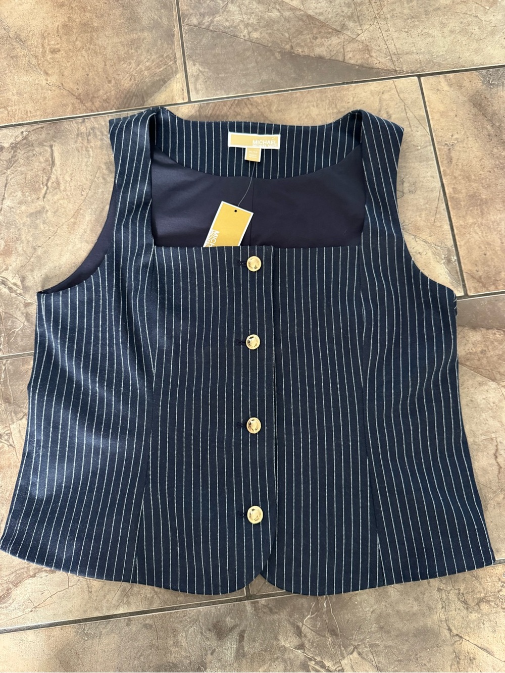 Michael Kors Navy Pinstripe Button-Front Vest with Gold-Tone Buttons